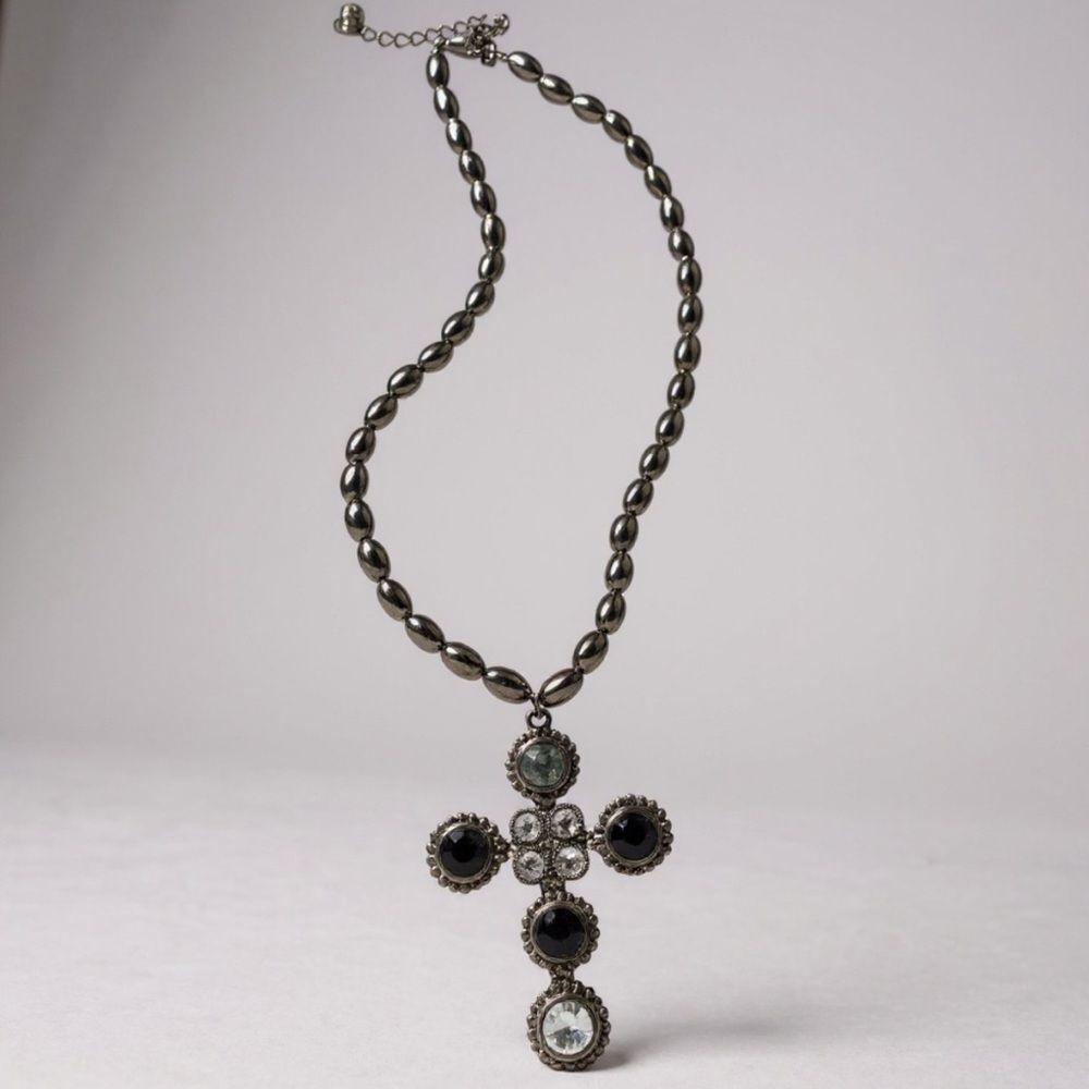 Cookie Lee Gunmetal Black & Clear Rhinestone Cross Pendant Statement Necklace